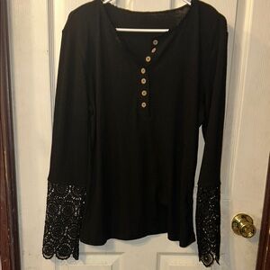 Henley Black Lace Sleeve Women's Top Size XL